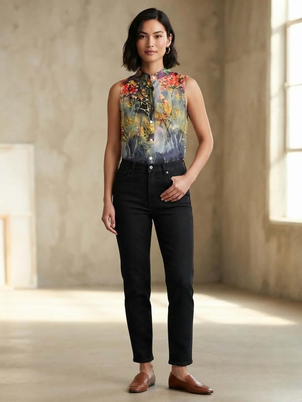 Watercolor Floral Print Sleeveless Button Down Blouse Top Multi Size M